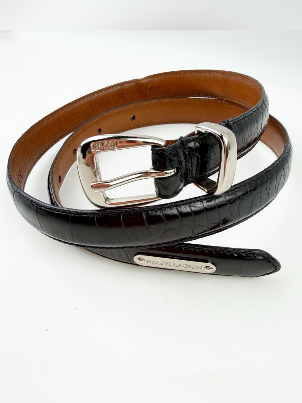 Vtg Ralph Lauren Croc Embossed Italian Leather Belt Y2K Silver Buckle Women’s S
